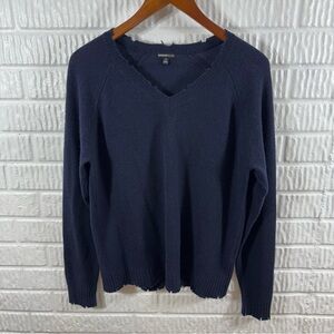 Minnie Rose Cashmere Frayed Edge Navy V-Neck Sweater Medium